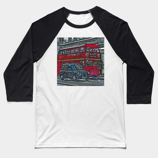 London Bus and Cab Baseball T-Shirt by bywhacky